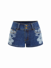 Washed Stretch Denim Low Rise Floral Graphic Metal Detail Micro Shorts