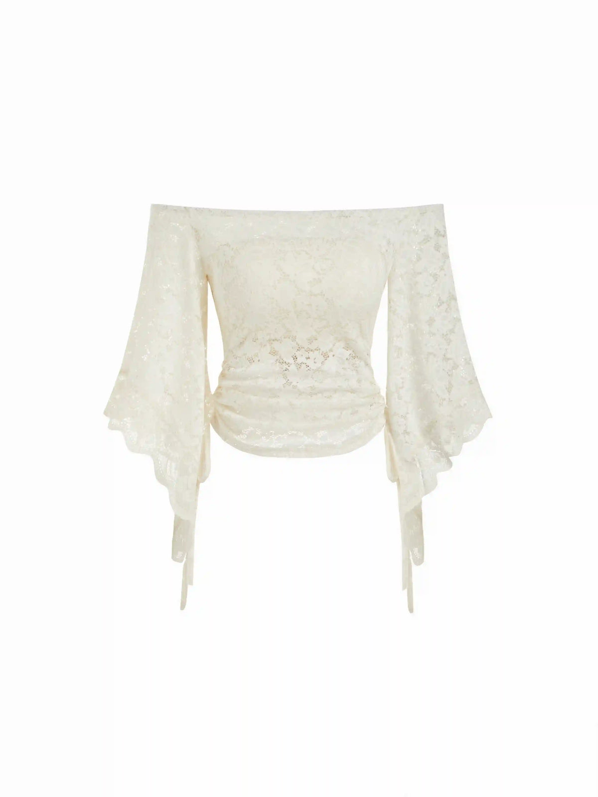 Lace Off-shoulder Bell Sleeve Ruched Ruffled Drawstring Top