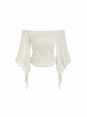 Lace Off-shoulder Bell Sleeve Ruched Ruffled Drawstring Top