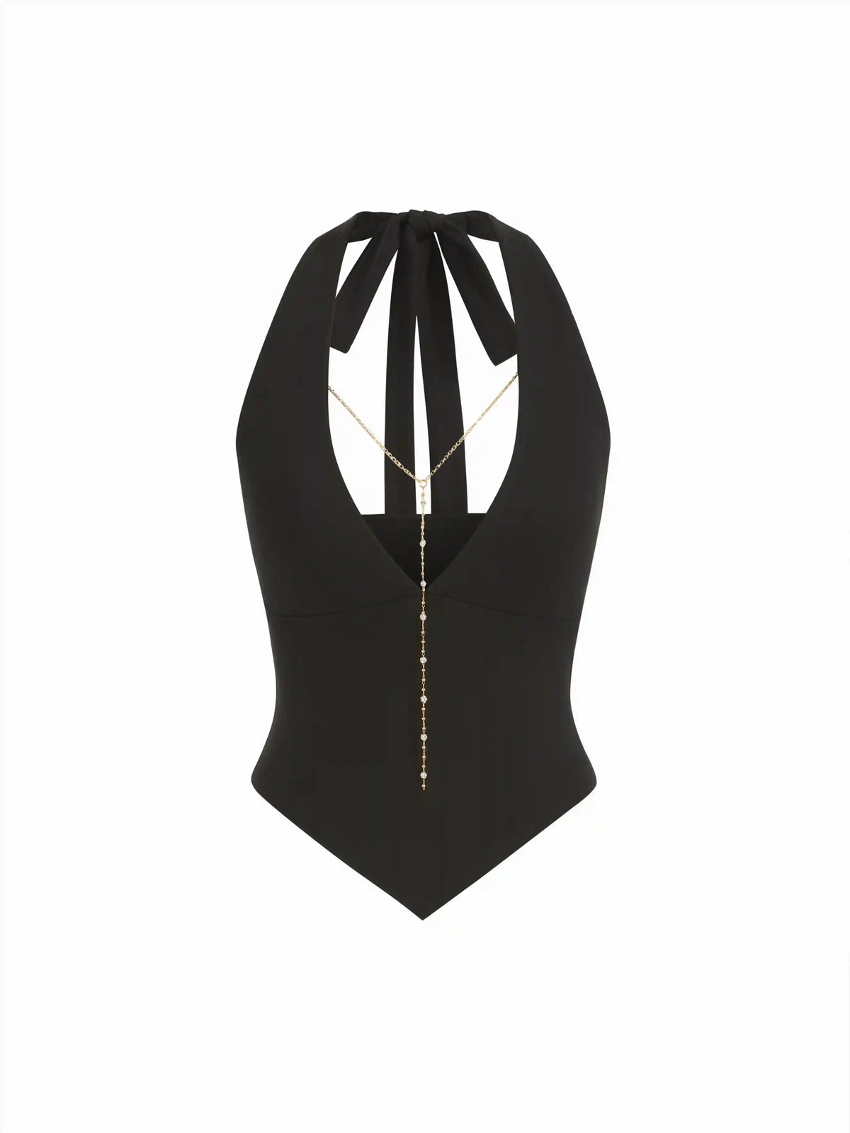 High Stretch Halter Neckline Chain Detail Asymmetrical Hem Crop Top