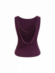 High Stretch Boat Neck Backless Chain Detail Draped Crop Tank Top
