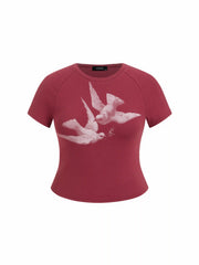 Cotton-blend Bird Graphic Raglan Sleeve Crop Tee Curve & Plus