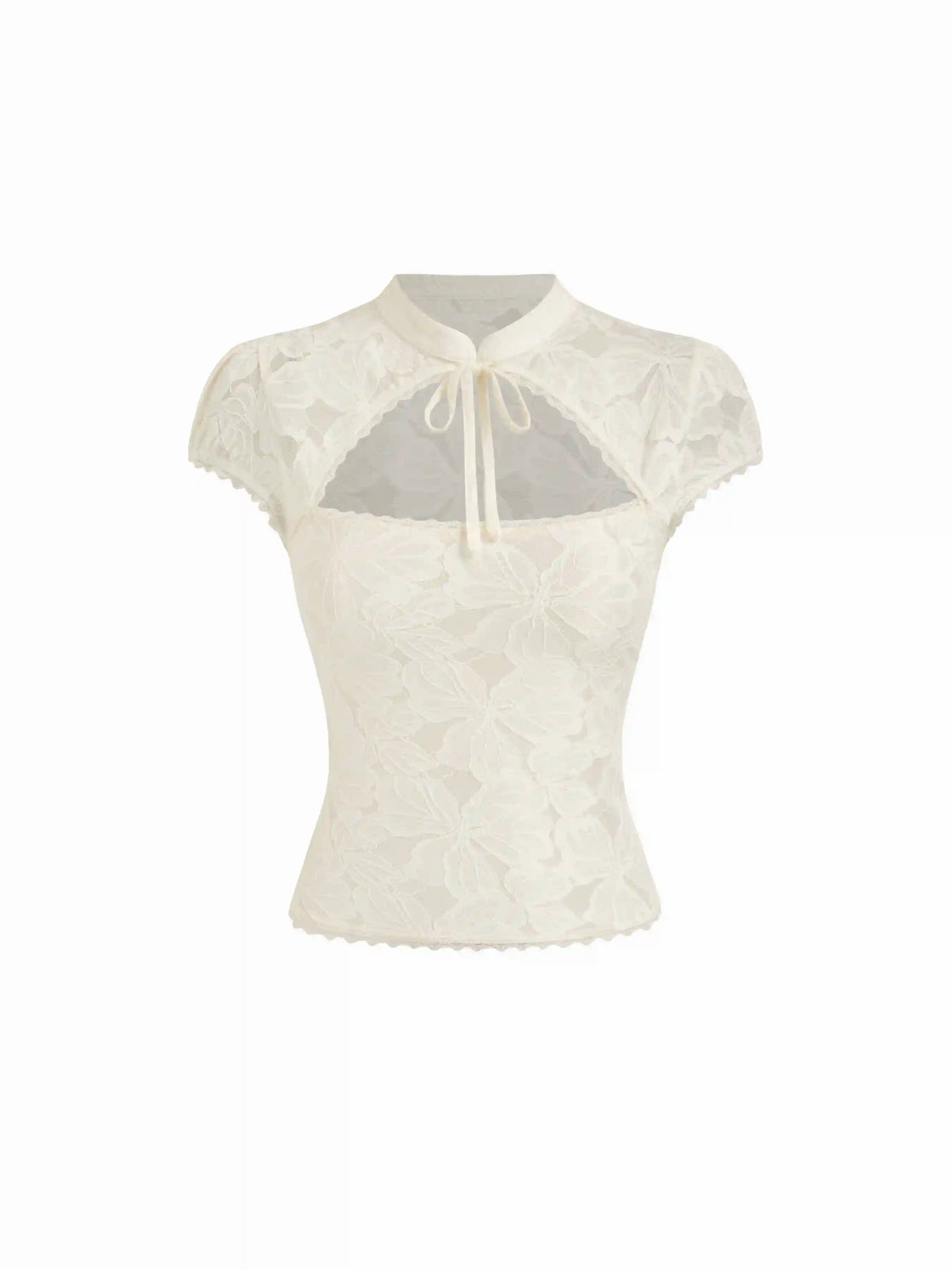 Floral Lace Stand Collar Cut Out Bowknot Short Sleeve Top