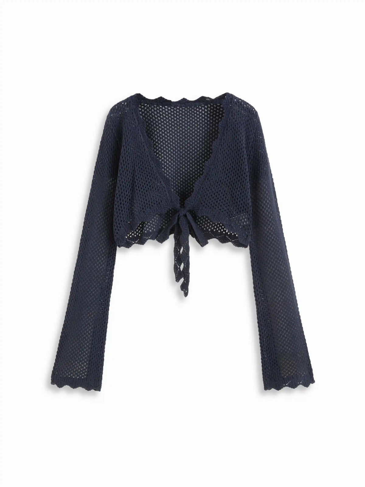 Knit Crochet Hollow Out Bell Sleeve Knotted Oversized Cardigan