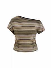 Striped Asymmetrical Neck Short Sleeve Top Curve & Plus