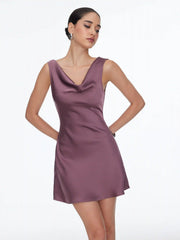 Satin Cowl Neck Backless Metal Detail A-line Mini Dress
