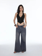 High Stretch Halter Neckline Chain Detail Asymmetrical Hem Crop Top