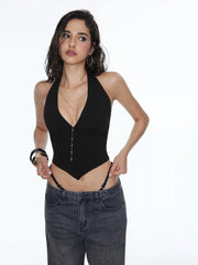 High Stretch Halter Neckline Chain Detail Asymmetrical Hem Crop Top