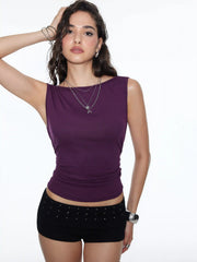 High Stretch Boat Neck Backless Chain Detail Draped Crop Tank Top