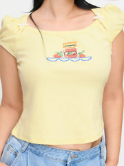Cotton-blend Fruit Embroidery Bowknot Short Sleeve Tee Curve & Plus