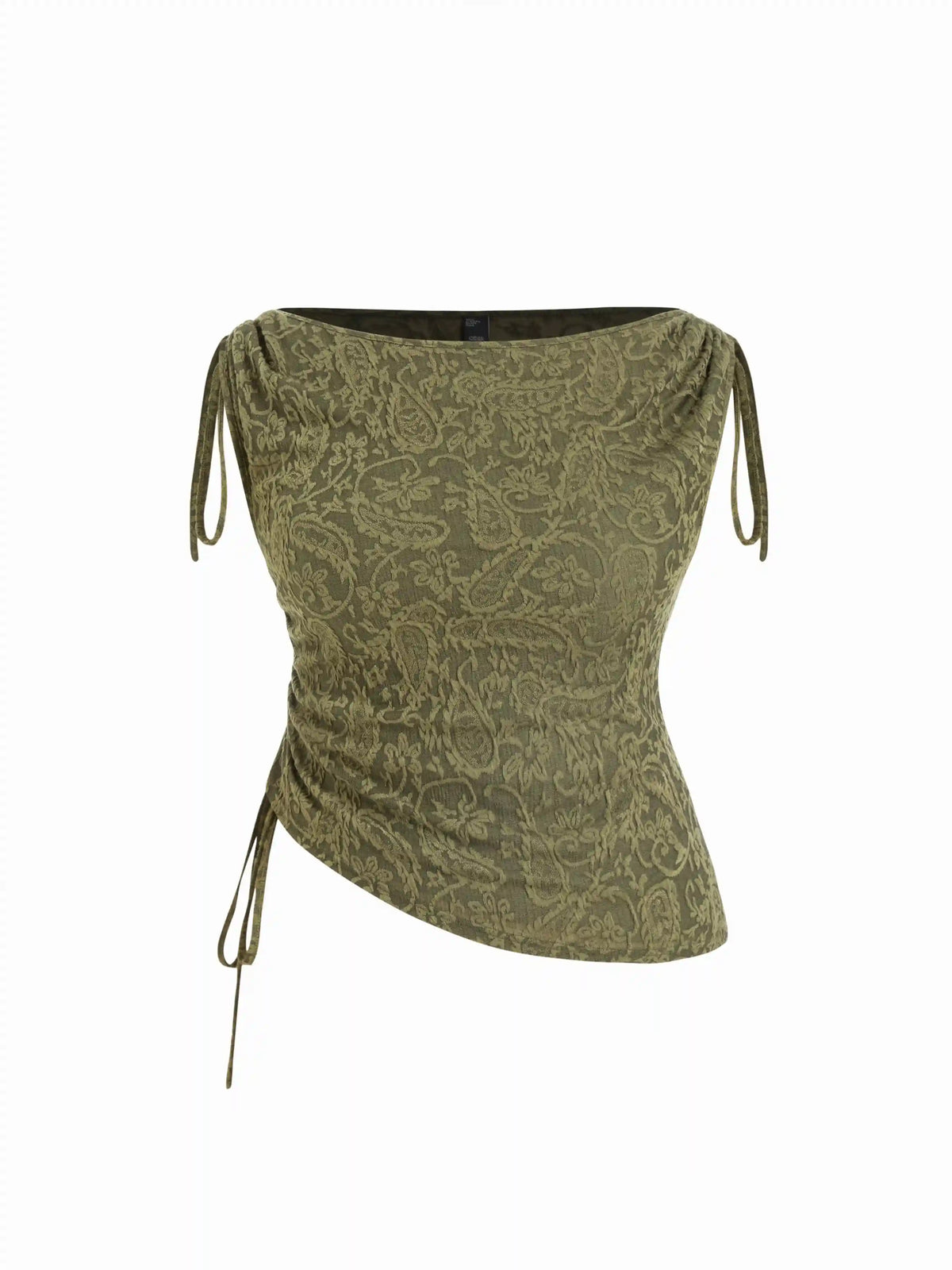 Jacquard Boat Neck Drawstring Ruched Asymmertrical Top Curve & Plus