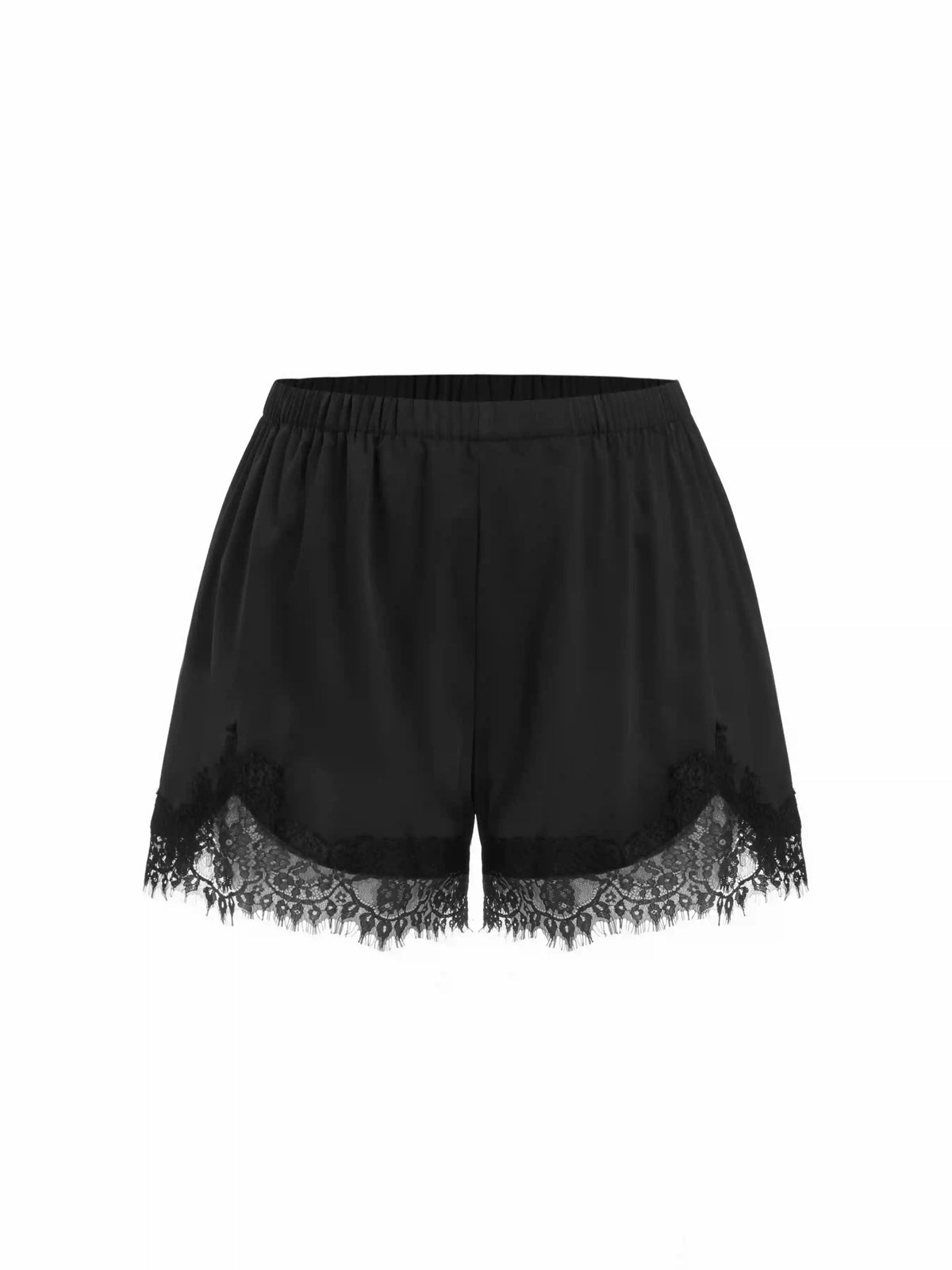 Satin Mid Rise Solid Elastic Waist Floral Lace Shorts Curve & Plus