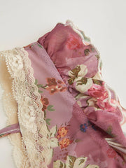 Chiffon Floral V-neck Ruffle Sleeve Lace Trim Asymmetrical Hem Top