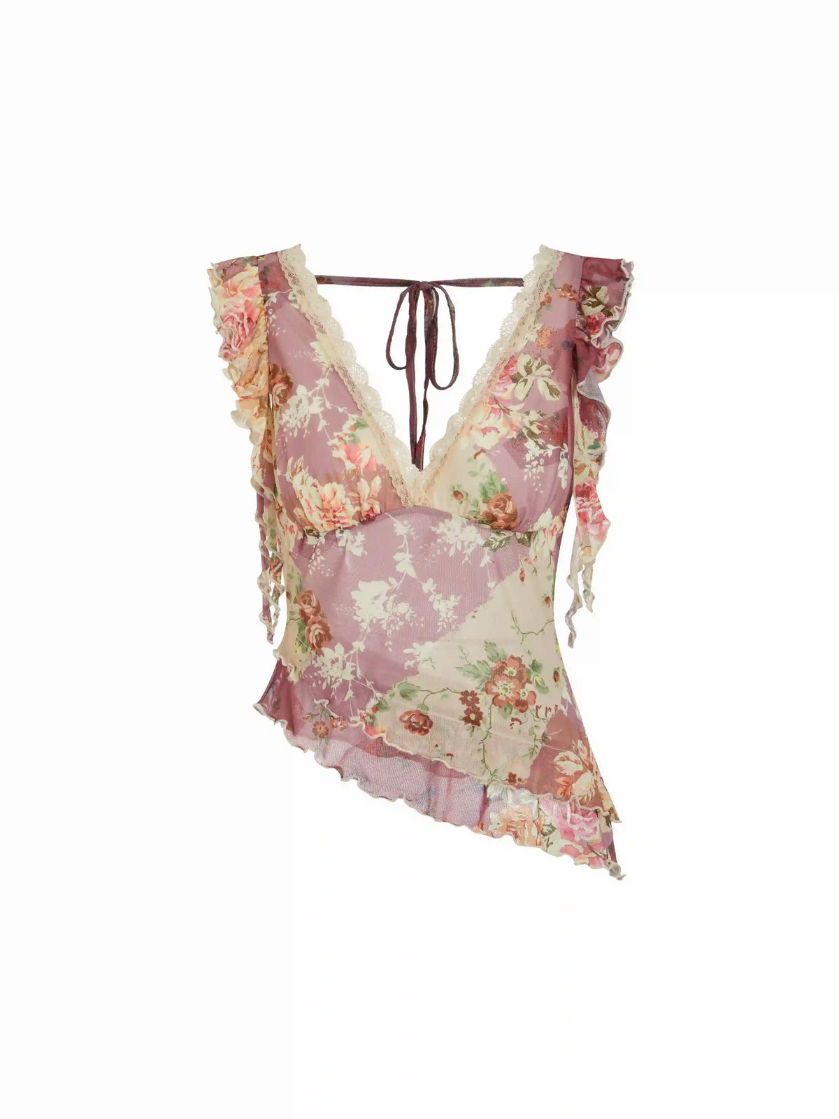 Chiffon Floral V-neck Ruffle Sleeve Lace Trim Asymmetrical Hem Top
