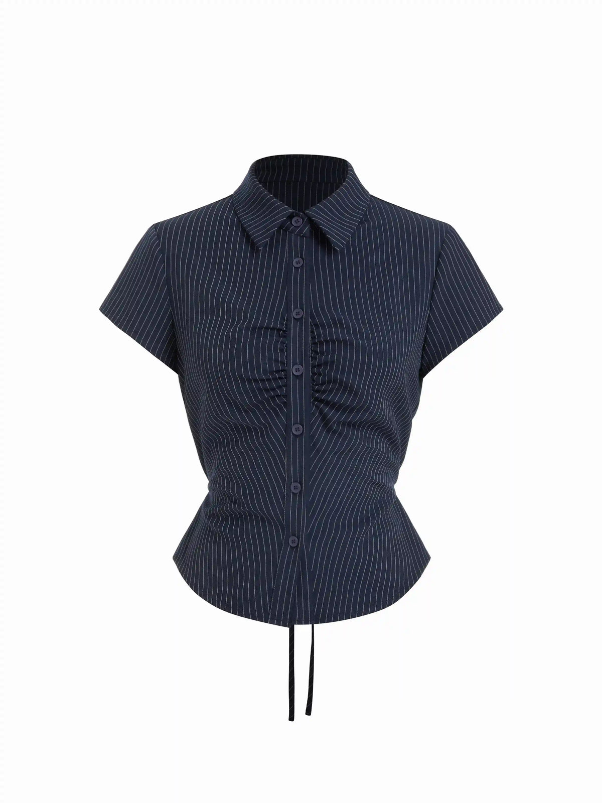 Striped Short Sleeve Ruched Drawstring Shirt