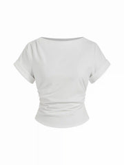 Cotton-blend Boat Neck Ruched Short Sleeve Tee