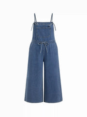 Denim Washed Square Neck Bowknot Belted Wide Leg Jumpsuit Curve & Plus