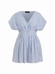 Cotton-blend V-neck Stripe Pleated Cinched Waist Mini Dress Curve & Plus