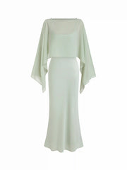 Satin Off-shoulder Cloak Sleeve Wrap Mermaid Maxi Dress