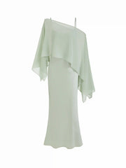 Satin Off-shoulder Cloak Sleeve Wrap Mermaid Maxi Dress