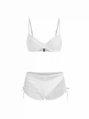 Sweetheart Underwire Ruched Mesh 3 Piece Bikini Set With Shorts