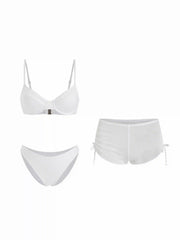 Sweetheart Underwire Ruched Mesh 3 Piece Bikini Set With Shorts