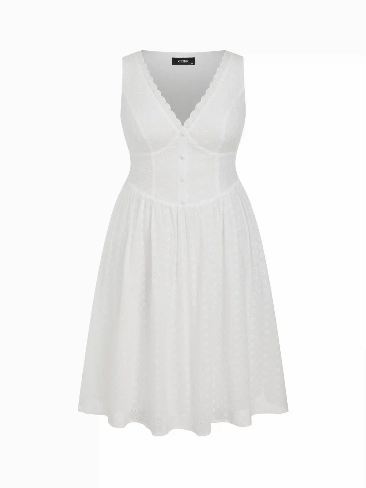 Cotton-blend Sculptural V-neck Broderie Anglaise Floral Lace Trim Button Midi Dress Curve & Plus