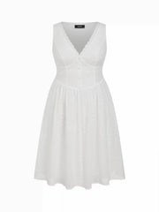 Cotton-blend Sculptural V-neck Broderie Anglaise Floral Lace Trim Button Midi Dress Curve & Plus