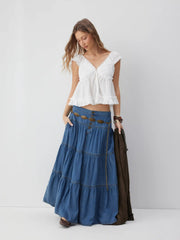 Denim High Rise Solid Tiered Button Pocket Maxi Skirt