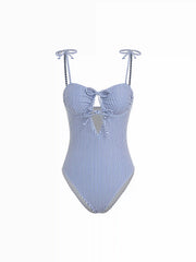 Sweetheart Stripe Bowknot Cut Out One Piece Swimsuit