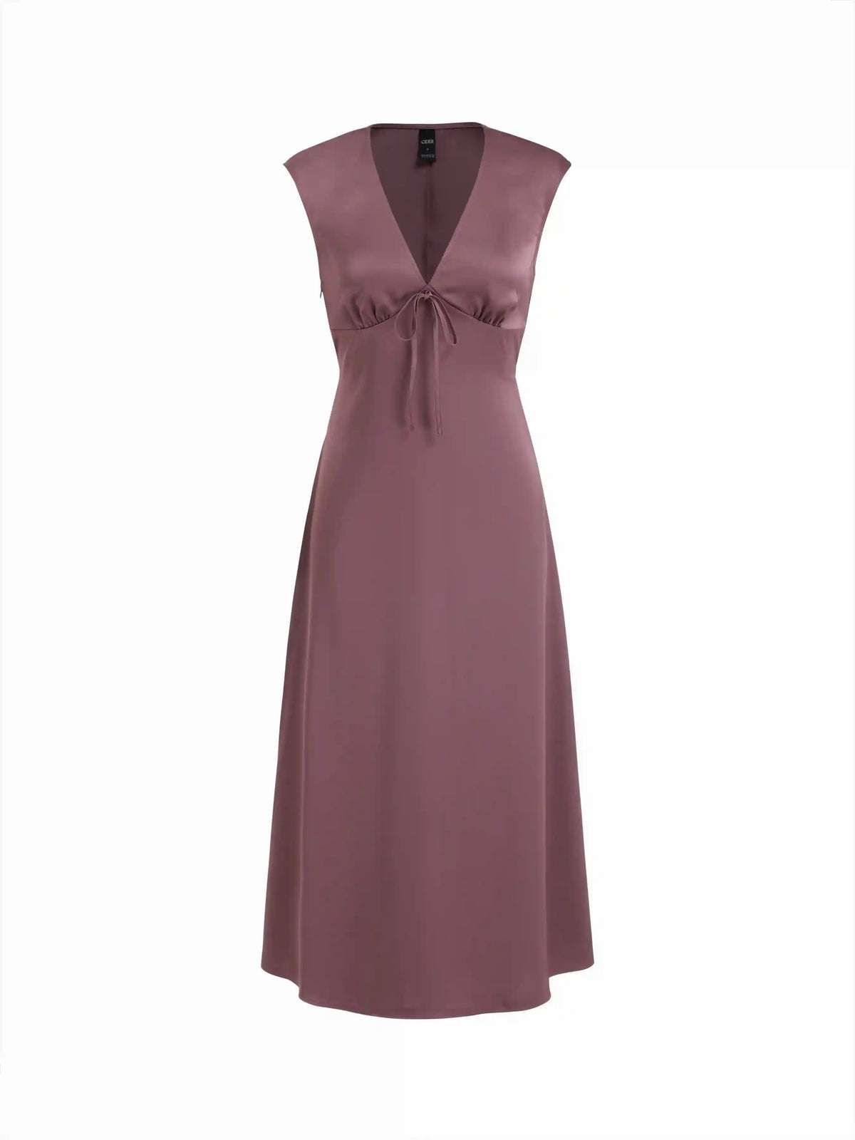 Satin V-neck Twist Knotted A-line Maxi Dress
