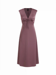 Satin V-neck Twist Knotted A-line Maxi Dress