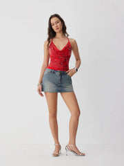 Washed Denim Low Rise A-line Mini Skirt With Metal Detail