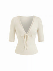 V-neck Middle Sleeve Lace Trim Tie Front Top