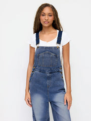 Petite Denim Washed Low Rise Metal Detail Wide Leg Oversized Overalls
