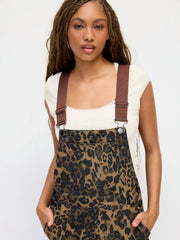 Petite Denim Leopard Graphic High Rise Oversized Wide Leg Overalls