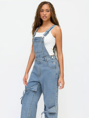Petite Washed Denim Bowknot Buckle Up Wide Leg Overall
