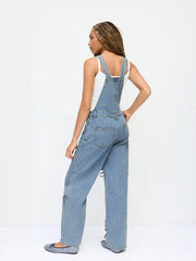 Petite Washed Denim Bowknot Buckle Up Wide Leg Overall
