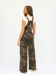 Petite Denim Leopard Graphic High Rise Oversized Wide Leg Overalls
