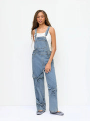 Petite Washed Denim Bowknot Buckle Up Wide Leg Overall