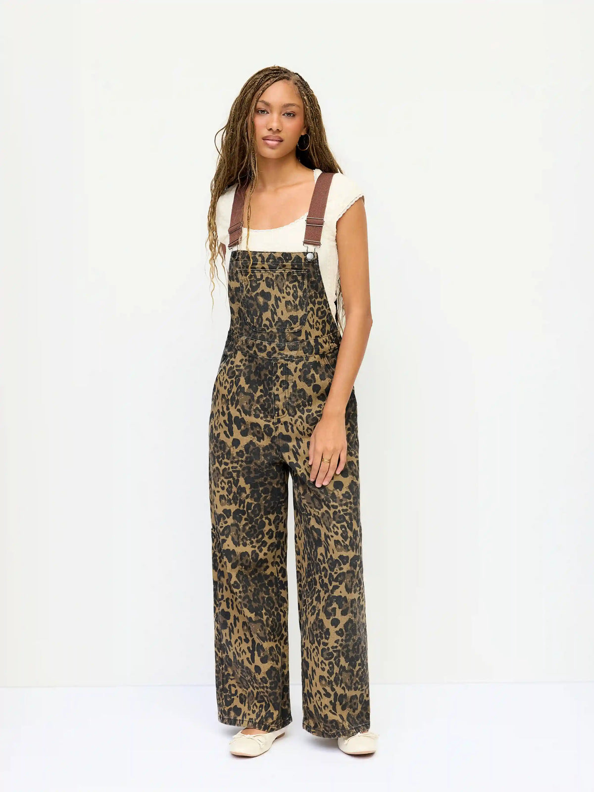 Petite Denim Leopard Graphic High Rise Oversized Wide Leg Overalls