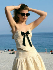 Jacquard Sweetheart Neck Bowknot Corset Cami Blouse