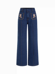 Floral Embroidery High-Waist Straight Leg Denim Jeans
