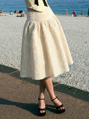 Floral Jacquard High Rise Ruched Flared Midi Skirt