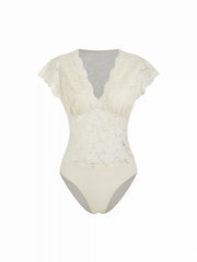Lace Floral V-neck Ruffle Sleeve Lace Panel Shirt Bodysuit