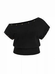 Cotton-blend Asymmetrical Neck Studded Tee Curve & Plus