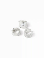 3PCS FAUX PEARL & TWISTED RING SET