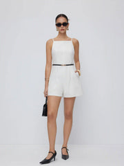 Linen-blend Square Neck Mid Rise Metal Detail Cami Romper With Belt