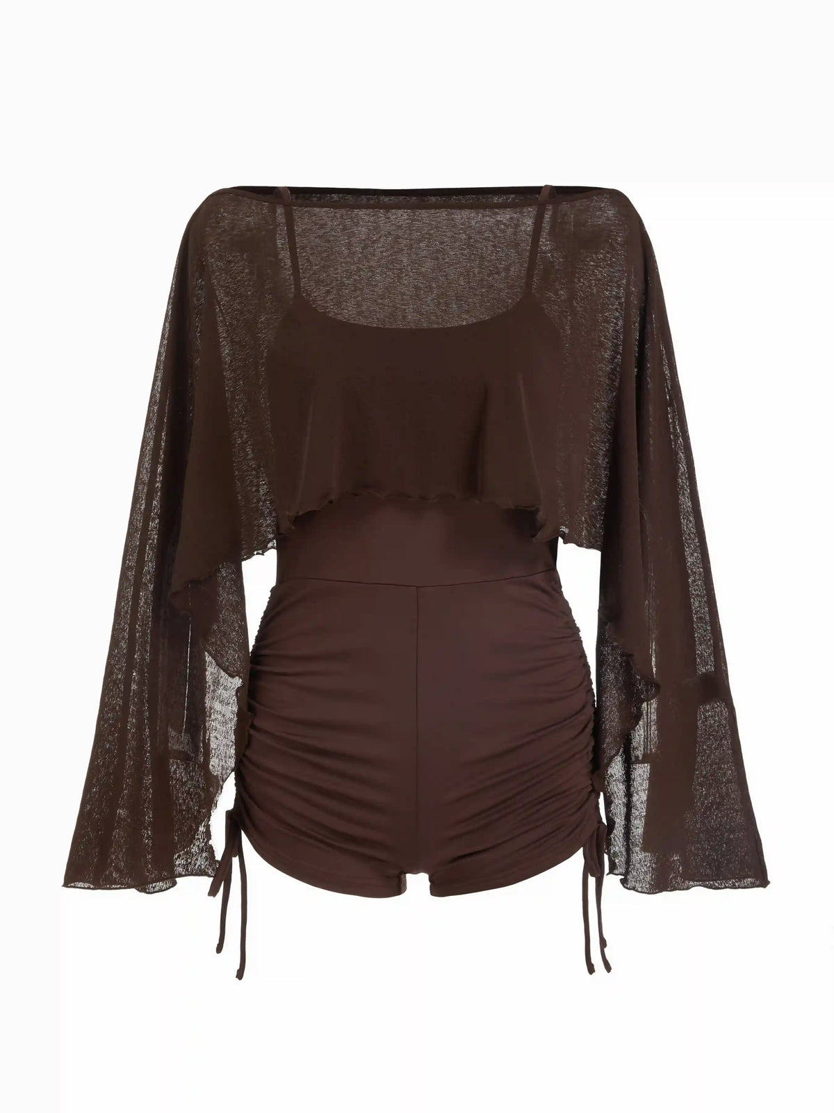 Textured Boat Neck High Rise Drawstring Slim Romper With Scarf