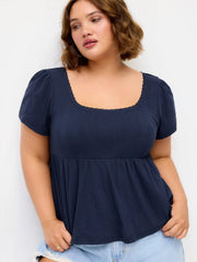 Cotton-blend Square Neck Babydoll Lace Trim Peplum Short Sleeve Top Curve & Plus